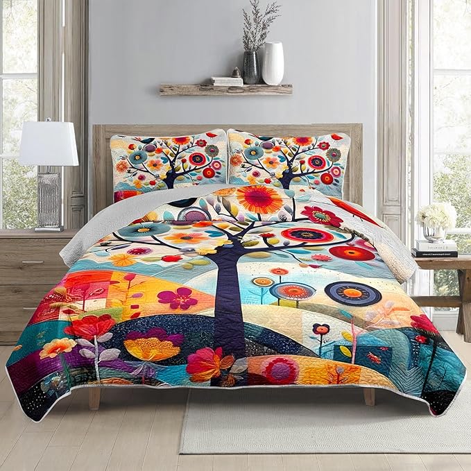 AILONEN Tree of Life Quilt Set Queen Size,Colorful Botanical Floral Bedspread Coverlet for Boys Girls,Nature Tree of Life Abstract Painting Quilt & 2 Pillowcases,3-Piece