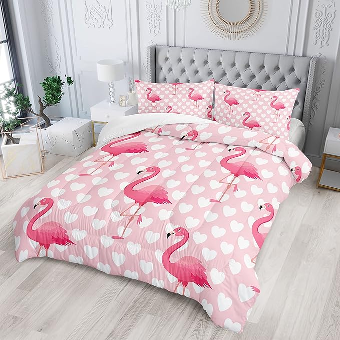 Flamingo Comforter Set Full Size Tropical Pink Flamingo Love Heart Pattern Bedding Set Kawaii Quilted Duvet for Kids Girls Boys Adult with 1 Comforter and 2 Pillowcases