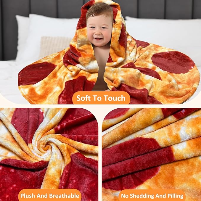 HDFK Pizza Blanket for Kids, Round Food Blankets Funny Gifts Realistic Cheese Pepperoni Cozy Throw Double-Sided Short Plush Flannel Soft Fuzzy Novelty Red 60 inches for Couch Bed Lightweight