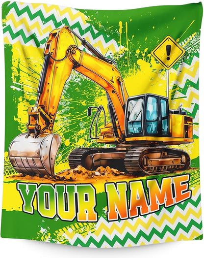 Boys Blanket Gifts Personalized Excavator Blankets for Kids Toddlers Boys - 30" x 40" Custom Name Cute Construction Car Themed Soft Lightweight Flannel Throws for Couch, Sofa, Bed, Office, Travel