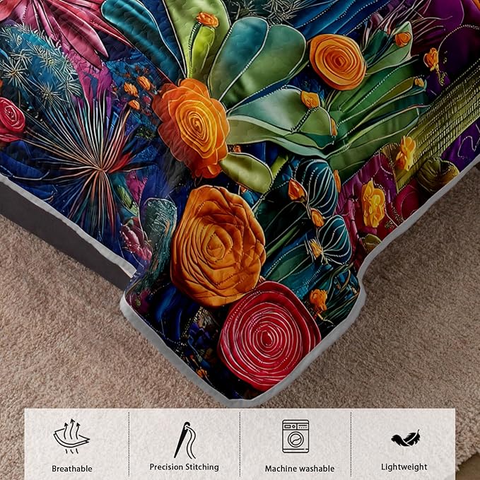 AILONEN Western Cactus Quilt Set King Size,Colorful Cactus Botanical Bedspread Coverlet for Boys Girls,Lightweight,3Pcs Retro Floral Succulent Plant Quilt & 2 Pillowcases