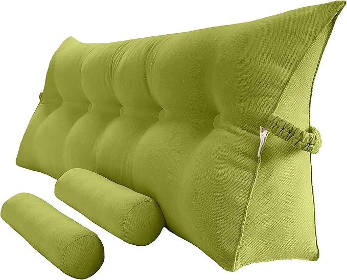 Triangular Reading Bed Rest Pillow Large Bolster Cushion Headboard Backrest Wedge Pillow with Two Detachable Roll Pillows for Neck & Lumbar Support (Lime, Queen: 59 x 8 x 20 inches)