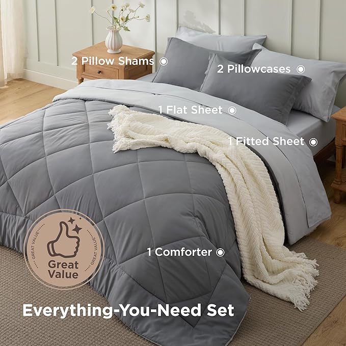 Bedsure California King Comforter Set - 7 Pieces Reversible Grey Bedding, Cal King Size Bed Set for All Seasons, Bed in a Bag with Down Alternative Comforter, Sheets, Pillowcases & Shams