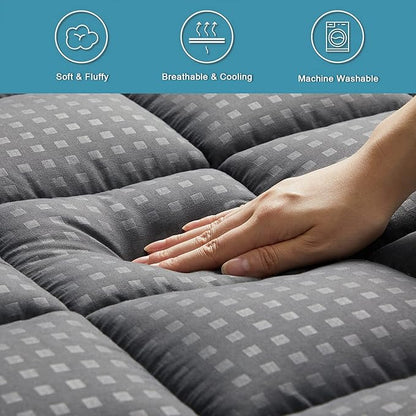 HYLEORY California King Mattress Pad Quilted Fitted Mattress Protector Cooling Pillow Top Mattress Cover Breathable Fluffy Soft Mattress Topper with 8-21" Deep Pocket, Dark Grey