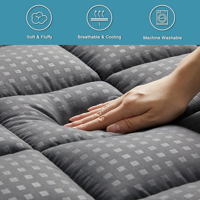 HYLEORY King Mattress Pad Quilted Fitted Mattress Protector Cooling Pillow Top Mattress Cover Breathable Fluffy Soft Mattress Topper with 8-21" Deep Pocket, Dark Grey