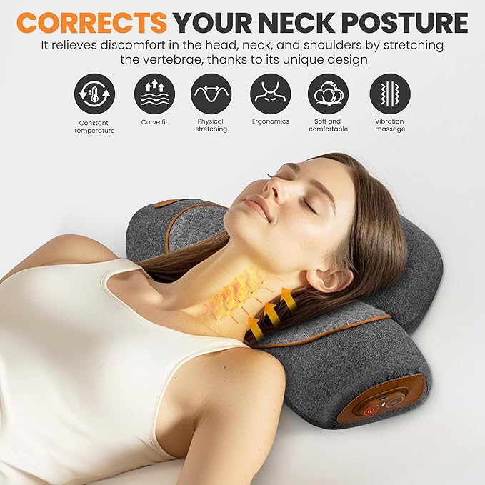 3-in-1 Rechargeable Neck Massager Pillow - Pillow Massage Neck Hump for Shoulder Pain, Deep Tissue Pain Relief, with Heating and Traction Function, Hump Corrector for Women