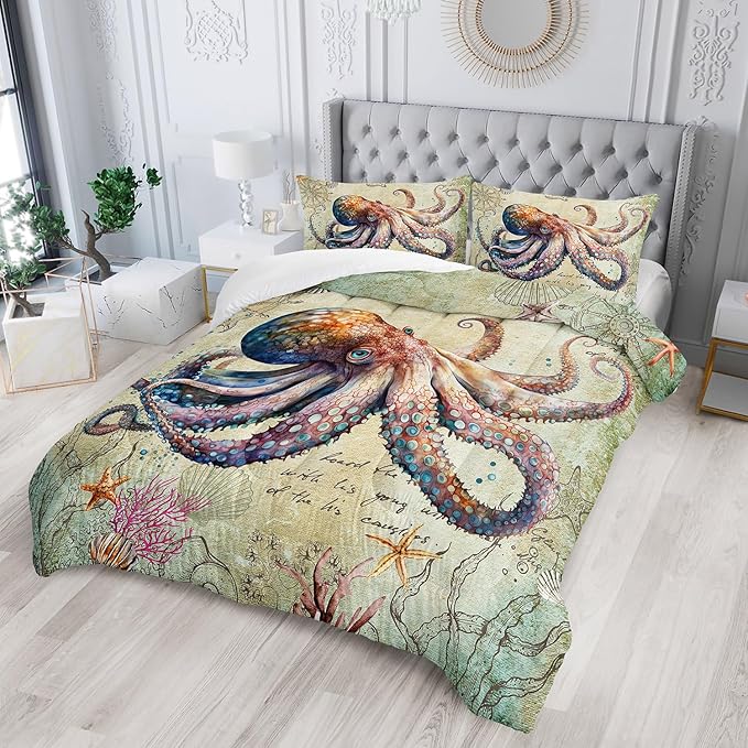 Retro Octopus Comforter Set Queen Size 3Pcs Nautical Coastal Compass Bedding Set Starfish Jellyfish Seaweed Quilt Bed Set for Boys Girls with 1 Comforter and 2 Pillowcases