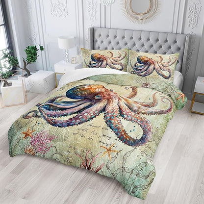 Retro Octopus Comforter Set Queen Size 3Pcs Nautical Coastal Compass Bedding Set Starfish Jellyfish Seaweed Quilt Bed Set for Boys Girls with 1 Comforter and 2 Pillowcases