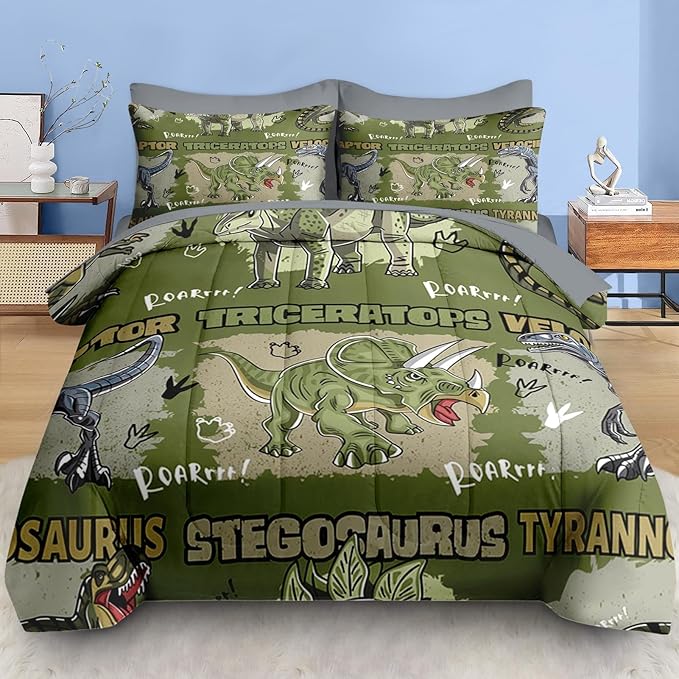 Comforter Set Full Size, Cool Cartoon Dinosaur 7 Pcs Bedding for Kids and Adults, Jungle Wildlife Animal Bed Sheet Sets with Fitted Sheet 2 Pillowcases & 2 Shams for Bedroom Bed Decor