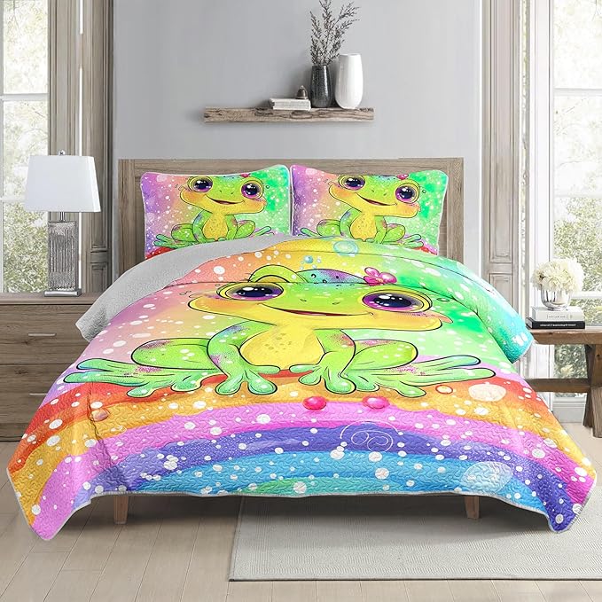 AILONEN Cartoon Frog Quilt Full Size Bedding Set & 2 Pillowcases,Rainbow Bedspread Coverlet,3Pcs Kawaii Colorful Frog Quilt Set for Kids Boys Girls,All Season