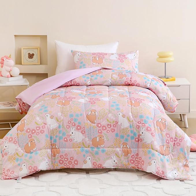 Twin Comforter Set for Kids, Boys, Girls, 4 Pieces Bed-in-a-Bag Bedding Set, All Season Ultra Soft Sheets Set with Comforter, Cute Rabbit