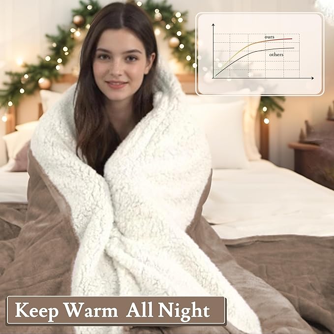 Electric Heated Blanket Flannel & Sherpa 72"x84" Full Size - 4 Heat Levels, 10H Auto Shut Off, Fast Heating, Cozy and Comfortable, Warm Gifts, Machine Washable - Brown