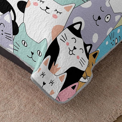 HOSIMA Cute Cat Twin Size Quilt Set for Teenage Girl Room Decor,Cartoon Colorful Pet Print Cat Quilt,Kawaii Bedding for Kids,Lightweight Aesthetic Animal Bedding with 2 Pillowcases.