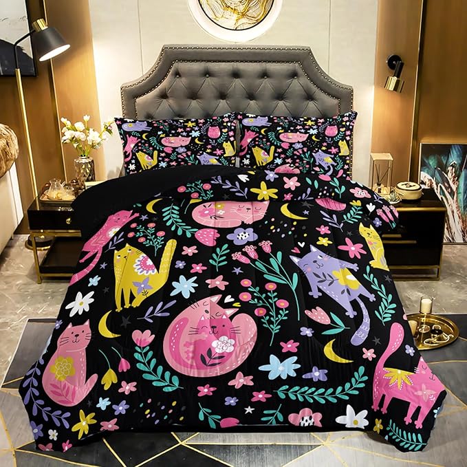 QOOMO Floral Cat Comforter Full Size,Black Cats Bedding Set for Kids Teens Girls,3Pcs Bedding Set Printed Comforter with 2 Pillowcases,Down Alternative,Soft and Lightweight(Black，Full Size)