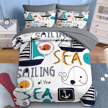 Nesker 5 Pcs Comforter Set Twin Size, Cute Nautical Sailboat Boat Bedding for Kids Teen, Sea Whale Bed Sheet with Pillowcase & Sham