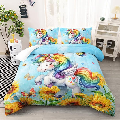 Cute Unicorn Comforter Set Queen Size, Yellow Sunflower Unicorn Bedding Set 3pcs for Kids Girls, Soft Polyester Bedding