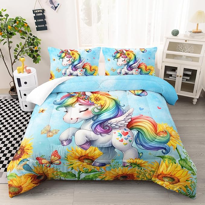 Cute Unicorn Comforter Set Full Size, Yellow Sunflower Unicorn Bedding Set 3pcs for Kids Girls, Soft Polyester Bedding