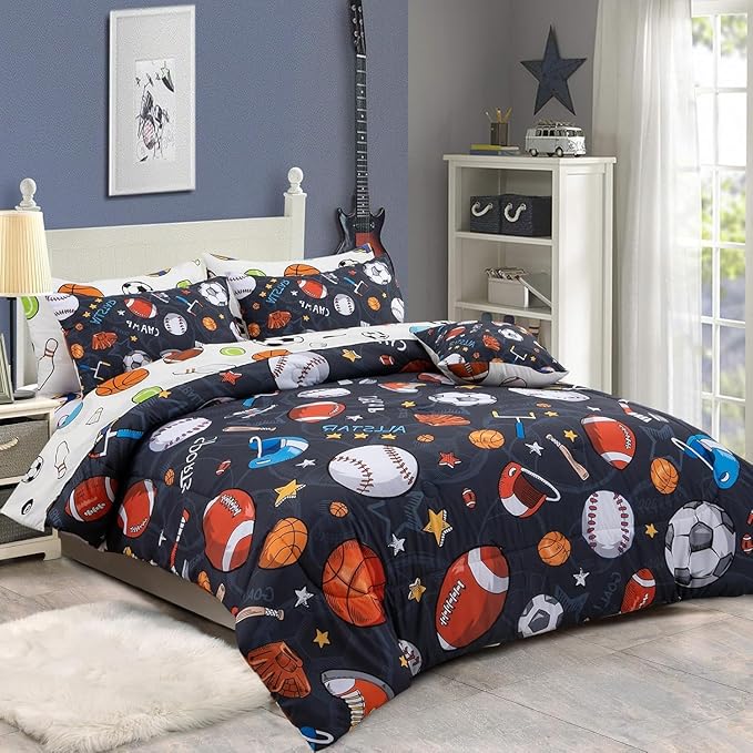 A Nice Night Boys Rugby Balls Comforter Set 6-Piece Bed-in-a-Bag with Sheet Set, Queen Size Polyester Bedding Collections for Kids, Durable & Easy Care, Sports Theme Design for Boys Bedroom