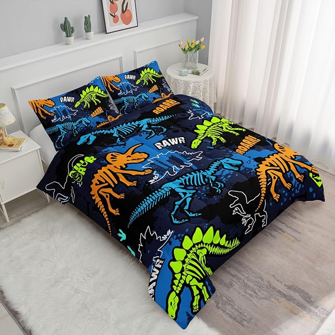 Kids Comforter Set Dinosaur Theme Printed Pattern Bedding Set with 1 Comforter and 2 Pillowcases for Girls Boys Bedroom All Season(Dinosaur ThemeFull)