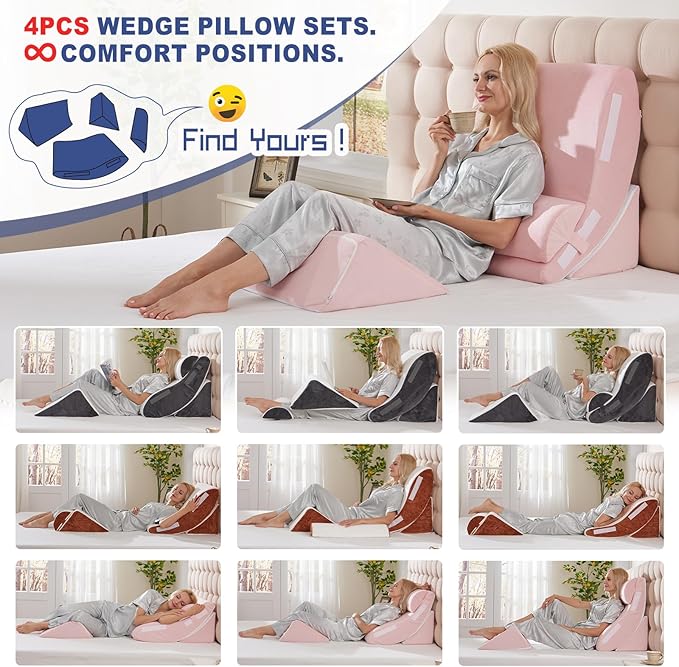 4PCS Orthopedic Bed Wedge Pillow Set for Post Surgery Recovery - Adjustable Memory Foam Support Pillows for Back/Leg/Shoulder Pain Relief, Acid Reflux & Anti Snoring Sleeping System, Pink