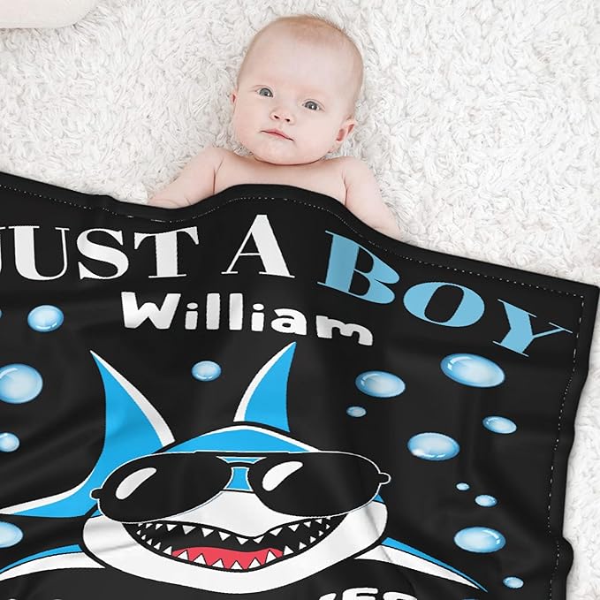Custom Just A Boy Who Loves Sharks Blankets Gifts for Kids Adult On Bed Sofa,Personalized Premium Flannel Blankets for Birthday Christmas Thanksgiving All Season Use 30''x 40'' -XS