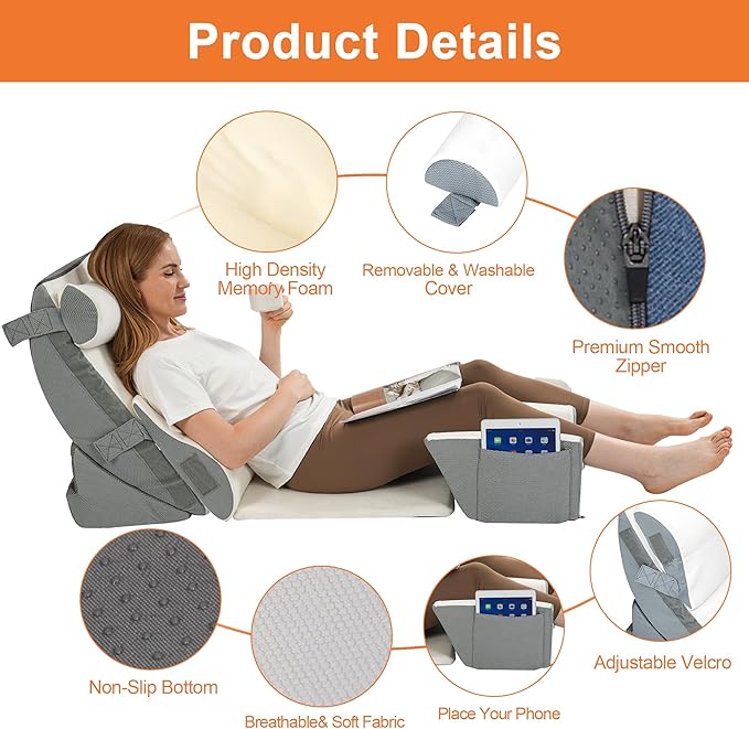 9PCS Orthopedic Bed Wedge Pillow Set for Sleeping, Post Surgery Memory Foam Pillow for Back, Leg & Neck Pain Relief – Adjustable Support for Acid Reflux