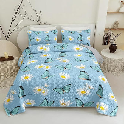 QOOMO Butterfly Quilt Set Full/Queen Size,Daisy Bedspread Coverlet Set,Butterflies 3Pcs Bedding Set Printed Quilt with 2 Pillowcases,Soft and Lightweight,for All Seasons