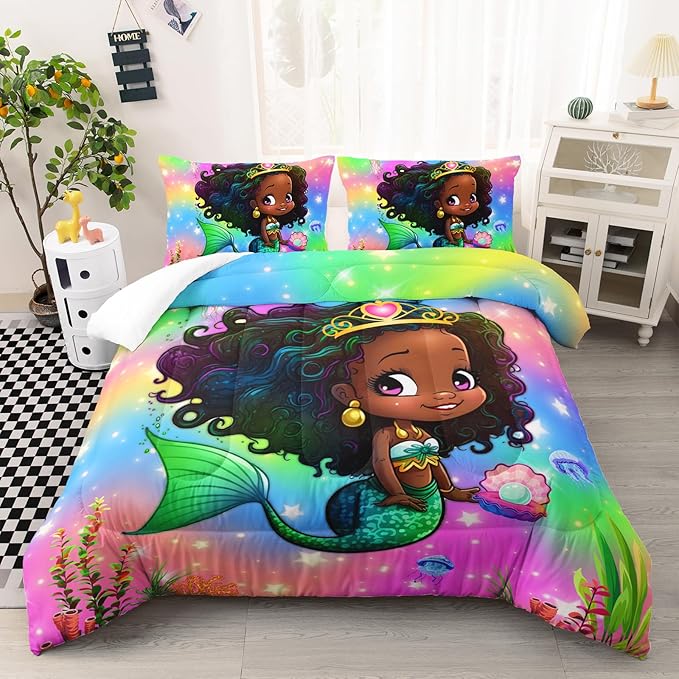 Mermaid Queen Size Bedding Set for Kids Girls, Cute Black Girl Mermaid Ocean Life Pattern Comforter Set, Rainbow Bed with 1 Quilt and 2 Pillowcases