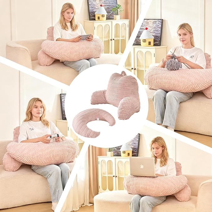 Back Pillow for Bed Sitting Up,U Shaped & Back Support Pillow for Bed,17" Backrest with Lumbar & Arm Support,Comfy Corduroy Fabric,Lap Pillow for Gaming/Reading/Watching TV,Pink