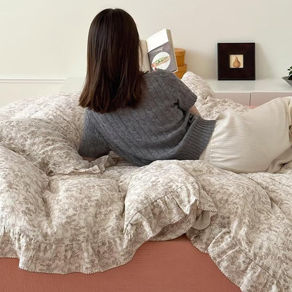 BuLuTu Rabbit Forest Ruffles Duvet Cover Set Muslin Cotton, Full Size Comforter Cover with 2 Standard Pillowcases, Chic Floral Bedding Set Kids Teens Girls Boys, Zipper Closure, Machine Wash