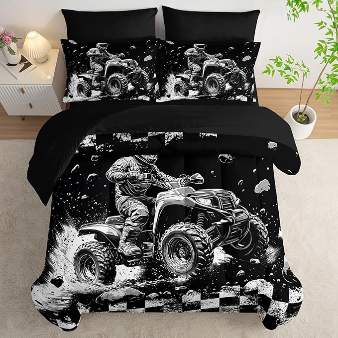 Motocross Racing Car Racer Comforter 7Pcs Racing Speed Sports Truck Bedding Set for Kid Teen Boy Girl Adult Extreme Sports Quilt Bed Set Full with 2 Sheets,2 Pillowcases,2 Throw Pillow Covers