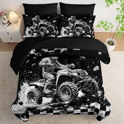 Motocross Racing Car Racer Comforter 7Pcs Racing Speed Sports Truck Bedding Set for Kid Teen Boy Girl Adult Extreme Sports Quilt Bed Set Queen with 2 Sheets,2 Pillowcases,2 Throw Pillow Covers