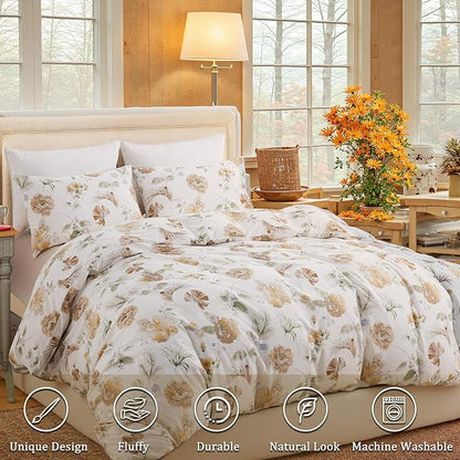 Floral Duvet Cover King Size 100% Cotton Duvet Cover Set Khaki and Green Floral Duvet Cover with Zipper Closure & Corner Ties 3 Pcs Soft & Breathable Comforter Cover Sets