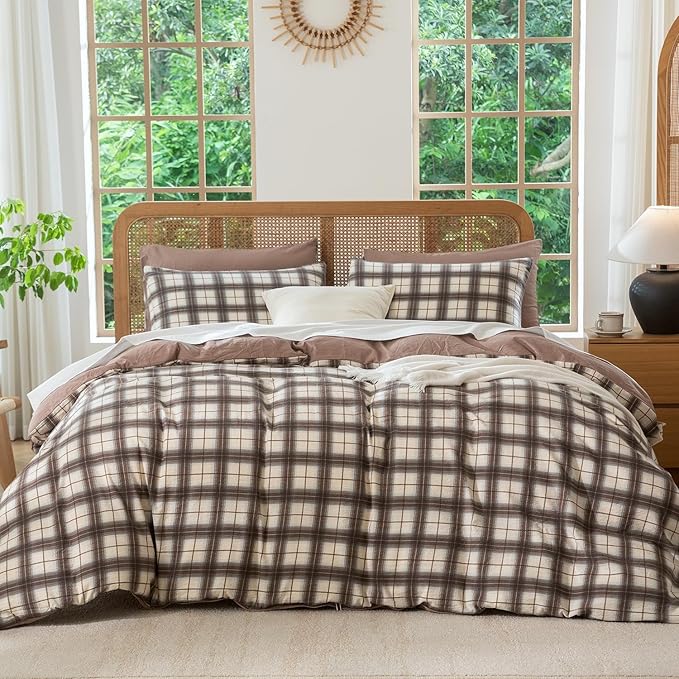 Jane yre Duvet Cover Queen Plaid Brushed Soft Microfiber Gauze Fabric Reversible 3 Pieces Bedding Set Vintage Style Checkered Pattern Queen Duvet Cover with Zipper Closure Luxury Breathable Comfy