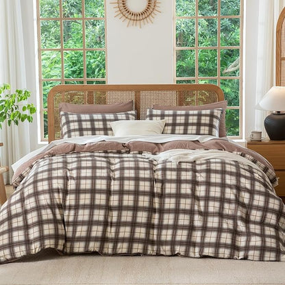 Duvet Cover King Size Plaid Luxury Soft Brushed Microfiber Crinkle Gauze Fabric 3 Pieces Bedding Set Gingham Pattern King Duvet Cover with Zipper Closure Breathable Comfy