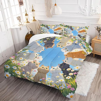 Floral Cat Comforter Set: Full Size Kawaii Cats Bedding Set Blue Sky Daisy Kitten Quilt for Teen Girls Women Kids Cartoon Flowers Feline Cute Bed Sets 3 Piece