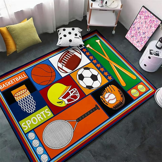 Sports Rugs for Boys Bedroom - Football & Soccer, Baseball, Basketball Rug for Boys Bedroom Decor Kids Carpet Soccer Carpet for Living Room Playroom Floor Mat Home Decor, 4.5x6 Feet