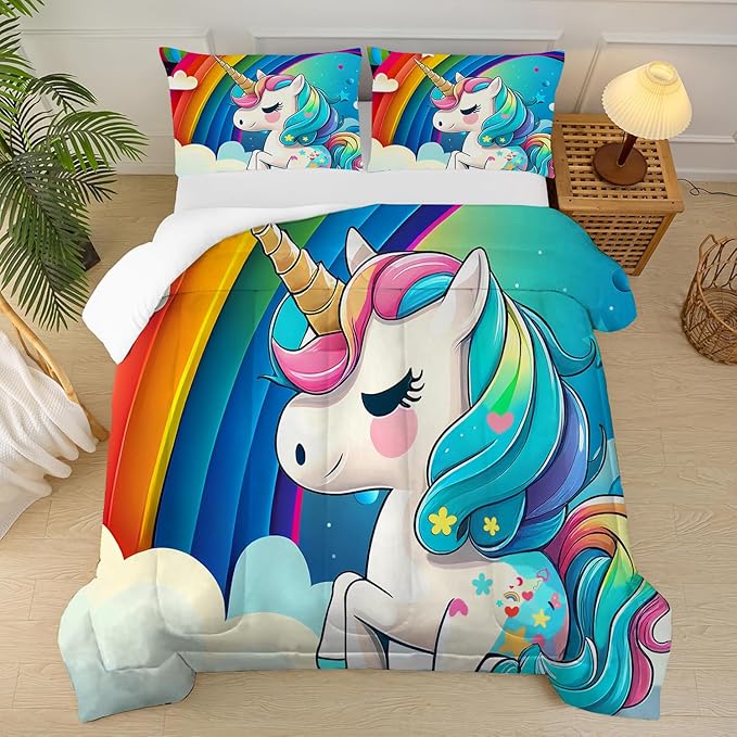 Rainbow Unicorn Comforter Set Queen Size for Girls Kids Children Teens Boys Cartoon Unicorn Bedding Light Blue Quilt 1 Comforter + 2 Pillowcases
