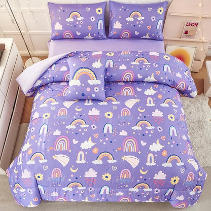 ANGIYUIN Purple Kids Full Size Bedding Set Colorfurl Rainbow and Clouds Girls Bed in A Bag with Sheets Cartoon Saleboat Stars Kid Bed Set for Girl Soft Microfiber Comforter Set, Purple, Full