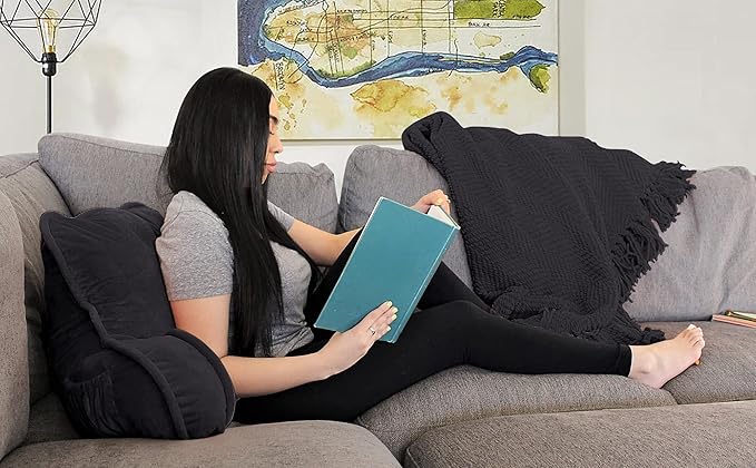 Super Soft Velvety Backrest Reading Bed Rest Pillow with Arms and Pockets 18" H for Sitting in Bed Couch Sofa, Back Support Wedge Cushion with Removable Cover, 20" x 18" x17", Black
