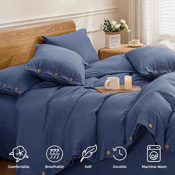 JELLYMONI Cotton Duvet Cover Queen Size - Blue Comforter Cover with Button 100% Washed Cotton 3PCS Breathable Soft Solid Bedding Set Duvet Cover 90×90in & 2 Pillowcases (NO Comforter)
