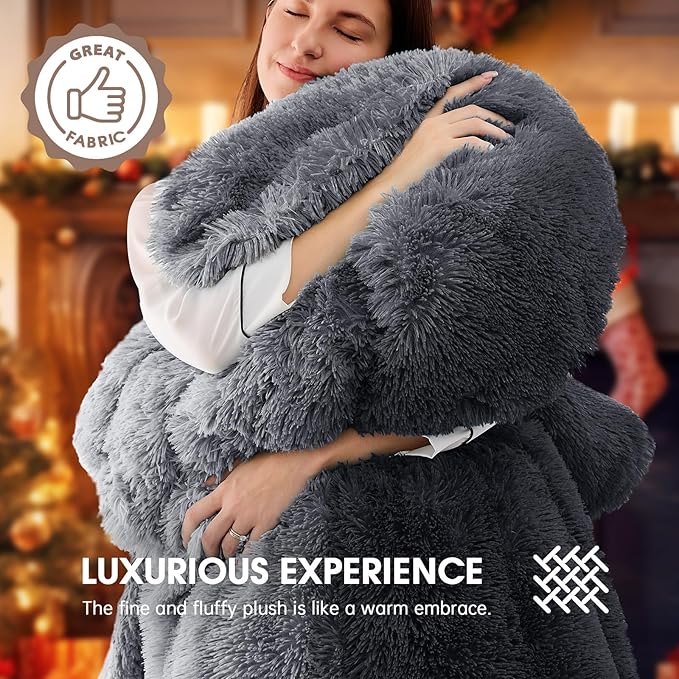 Heated Electric Blanket Queen–Faux Fur with Soft Thick SherpaWarm Winter Birthday Gifts for Women Grandma,Dual Control,10 Heat Settings,5 Time Settings, 84x90, Midnight Black