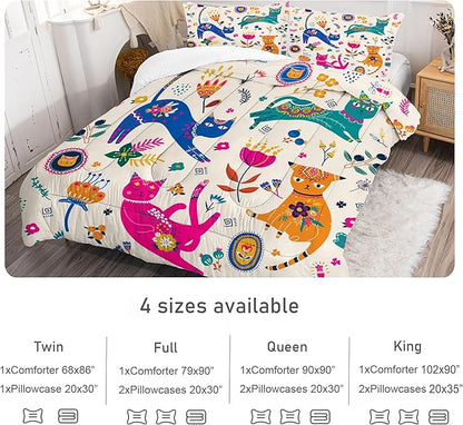 Cat Comforter Set Full : Cute Floral Cats Full Size Bedding Sets for Girls Kids Teens Children Cartoon Flowers Kawaii Animals Print Quilt Duvet Bed Set with 1 Comforter & 2 Pillowcases