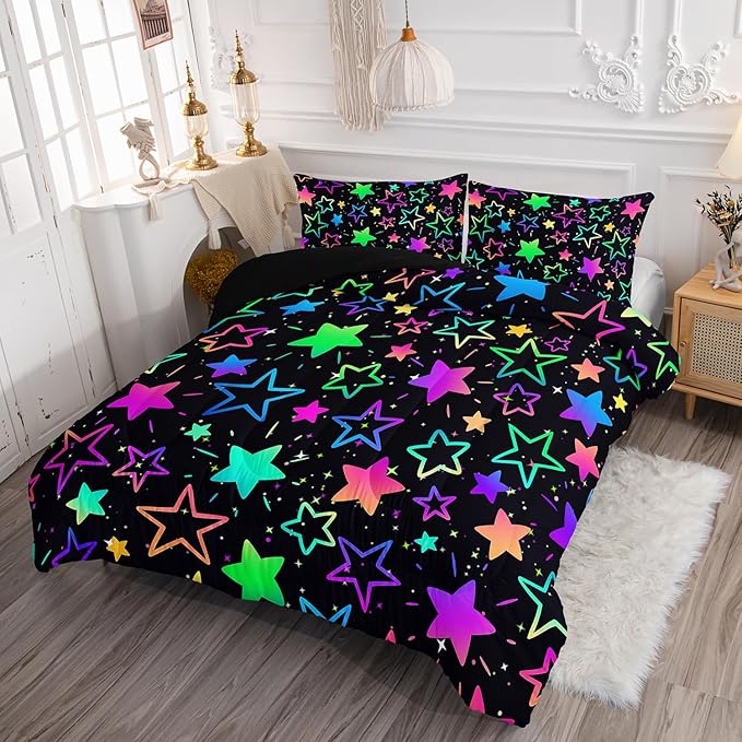Kids Comforter Set Colorful Stars Printed Pattern Bedding Set with 1 Comforter and 2 Pillowcases for Girls Boys Bedroom All Season(Colorful Stars Queen)