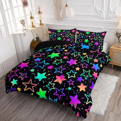 Kids Comforter Set Colorful Stars Printed Pattern Bedding Set with 1 Comforter and 2 Pillowcases for Girls Boys Bedroom All Season(Colorful Stars Twin)