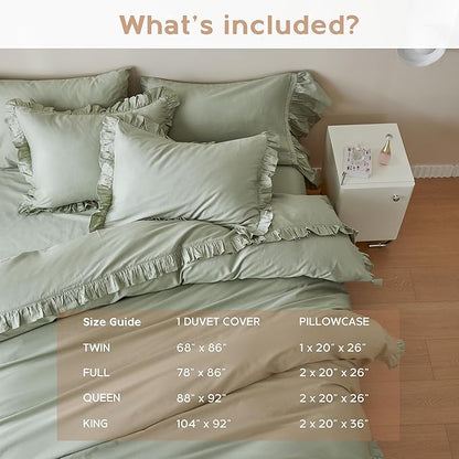 Simple&Opulence Kids 100% Organic Cotton King Duvet Cover Ruffle 3Pcs(1 Comforter Cover 2 Pillowcases) Cute Lace Vintage Boho Shabby Chic Farmhouse Bedding Set Teen Girls(Sage Green, King)