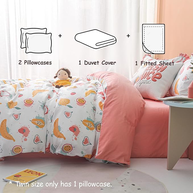 Simple&Opulence 100% Organic Cotton Duvet Cover for Kids Teens, 3 Piece Soft Cartoon Comforter Cover with Zipper Closure, Kawaii Girls Bedding Set with Colorful Fruits Pattern, Twin