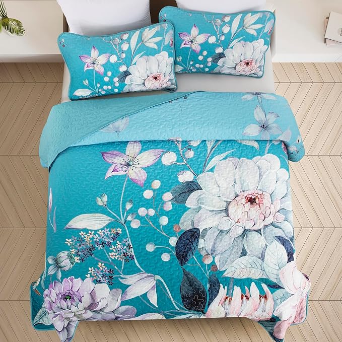 Drucon Floral Quilt Queen Size - 3 Pieces Aqua Blue Quilt Botanical Bedspread Soft Lightweight Flower Bedding Set for All Season (96"x90")
