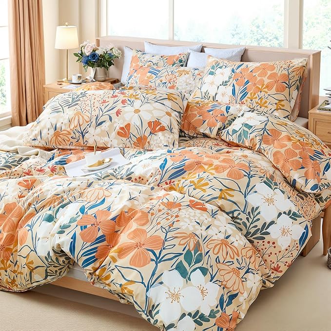 100% Cotton Duvet Cover Queen Size – Autumn Botanical Floral Duvet Cover Set with Zipper Closure, 3-Piece Soft Breathable Percale Weave Bedding Set for All Seasons