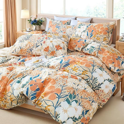 100% Cotton Duvet Cover Queen Size – Autumn Botanical Floral Duvet Cover Set with Zipper Closure, 3-Piece Soft Breathable Percale Weave Bedding Set for All Seasons